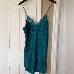 Vintage Satin Feel Teal Slip Dress Chemise with Lace Detail Womens Size Medium